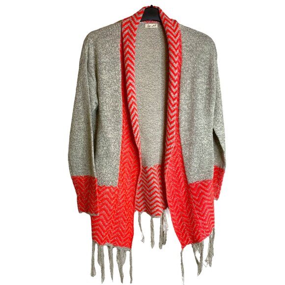 Petrol Sweaters - Petrol Womens Grey and Red Marled Open Cardigan with Fringe Size S/M Boho